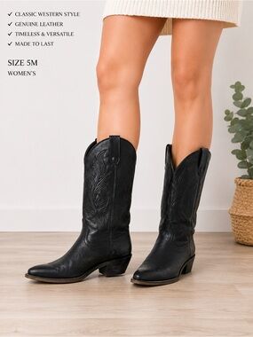 Black Leather Western Cowboy Boots Women’s Size 5M Embroidered Mid-Calf